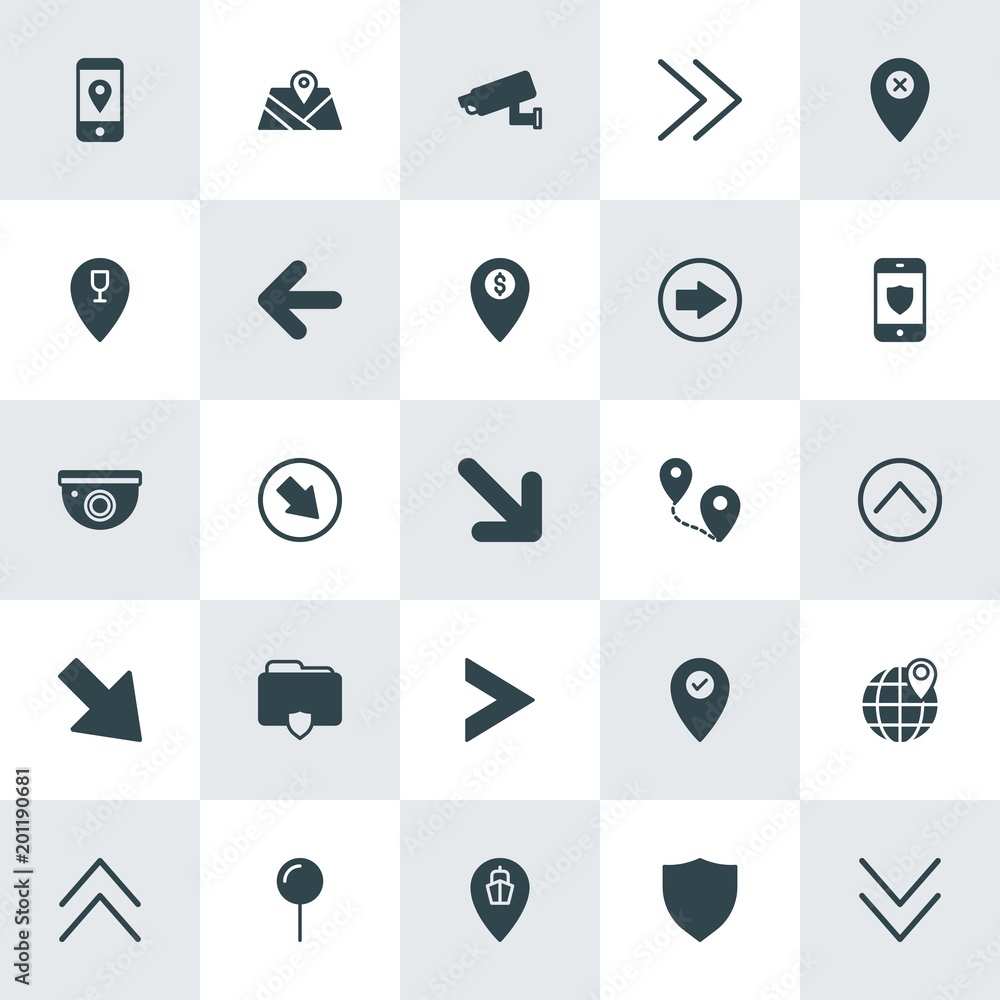 Poster modern simple set of location, arrows, security vector fill icons. ..contains such icons as globe, r