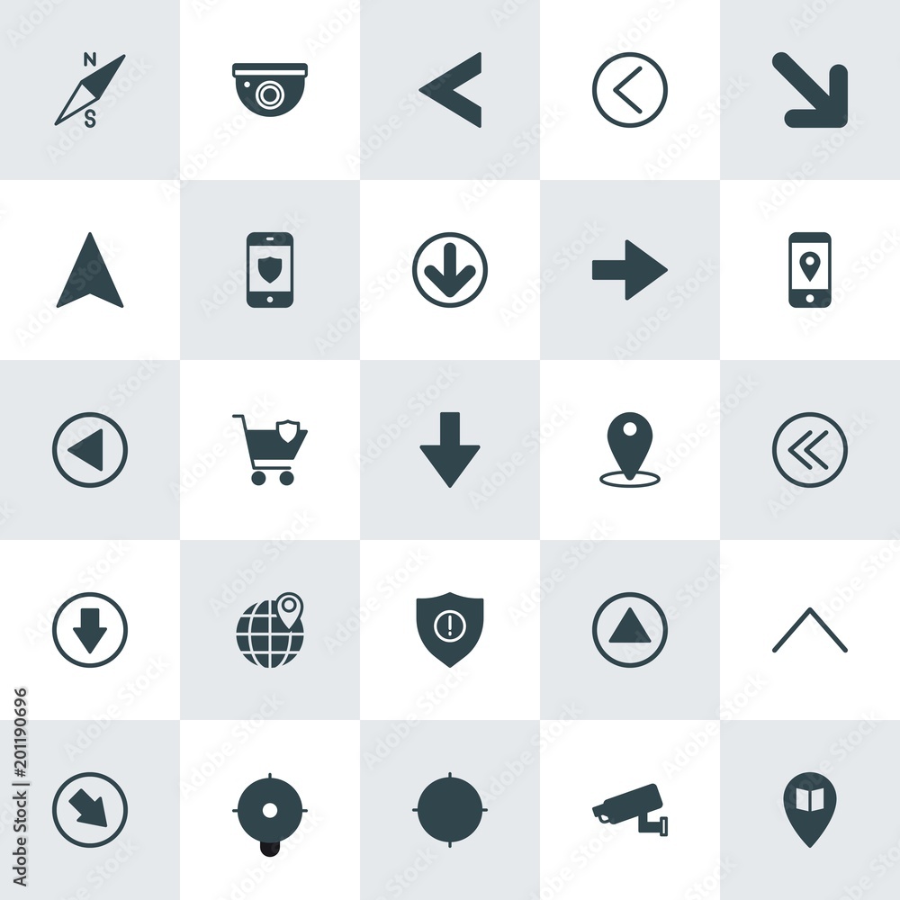 Poster modern simple set of location, arrows, security vector fill icons. ..contains such icons as north, m