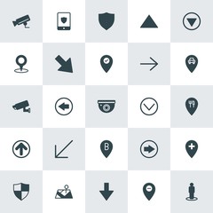 Modern Simple Set of location, arrows, security Vector fill Icons. ..Contains such Icons as  camera,  diagonal,  cctv,  phone,  arrow,  map and more on white background. Fully Editable. Pixel Perfect.
