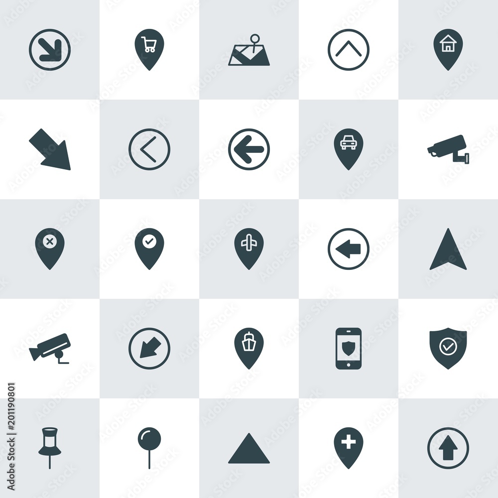 Poster modern simple set of location, arrows, security vector fill icons. ..contains such icons as pin, lef