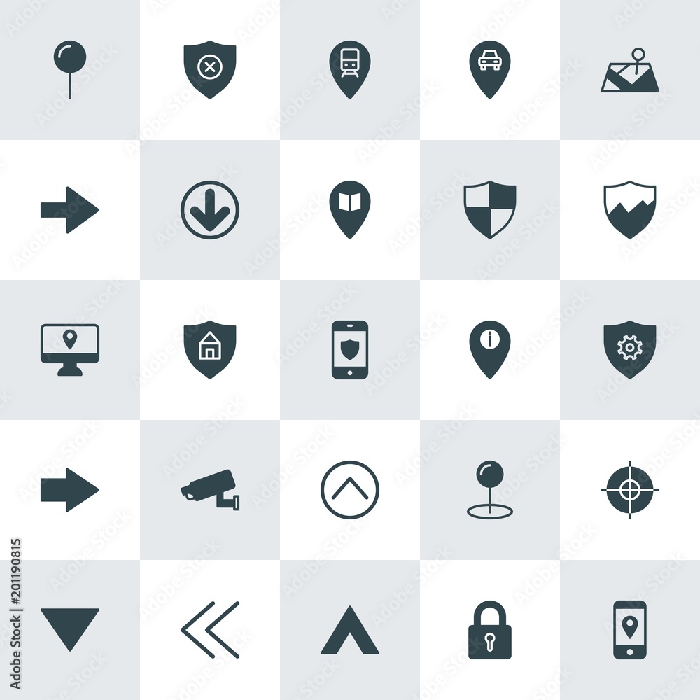 Poster modern simple set of location, arrows, security vector fill icons. ..contains such icons as transpor