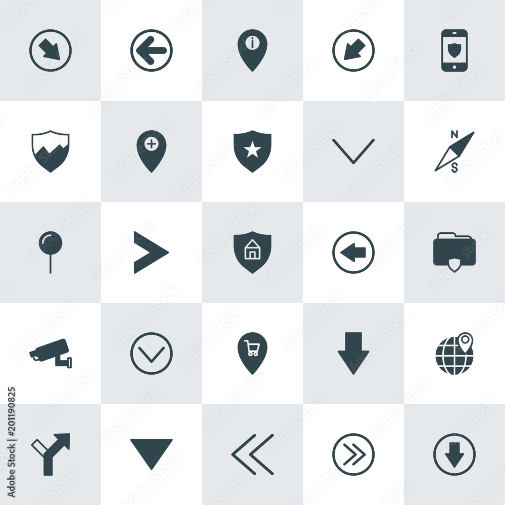 Poster modern simple set of location, arrows, security vector fill icons. ..contains such icons as left, in