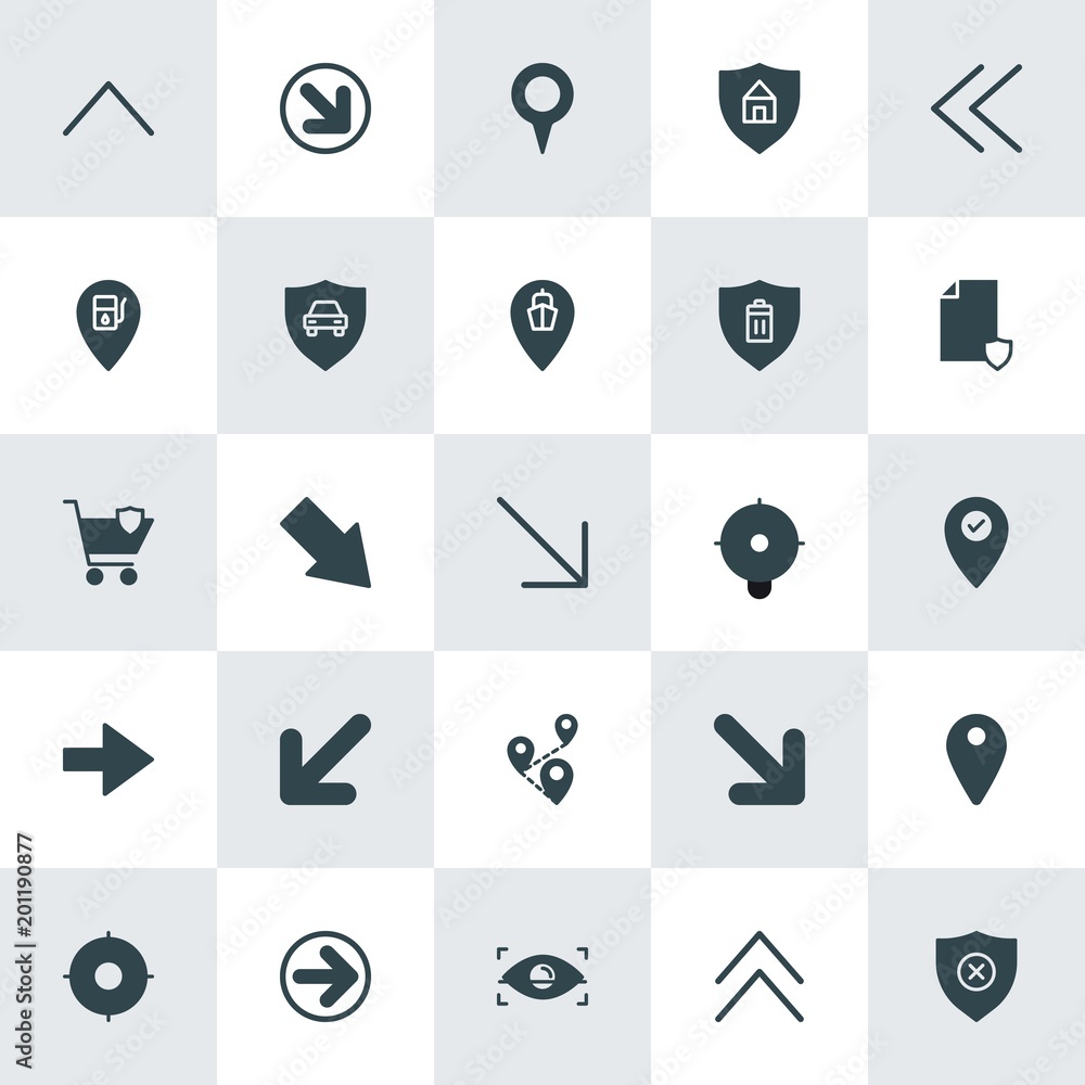 Poster modern simple set of location, arrows, security vector fill icons. ..contains such icons as safety, 