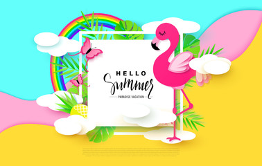 Hello Summer banner with Sweet Vacation Elements. Paper Art. Tropical plants, butterflies,pink flamingo, pineapple, rainbow,clouds. Vector illustration.
