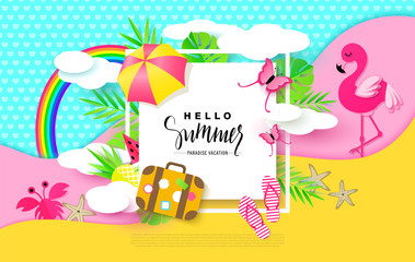 Hello Summer banner with Sweet Vacation Elements. Paper Art. Tropical plants, butterflies,pink flamingo, pineapple, crab, rainbow,flip flops, umbrella, suitcase,watermelon,starfish, clouds. Vector