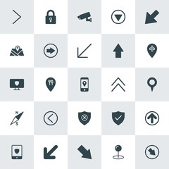 Modern Simple Set of location, arrows, security Vector fill Icons. ..Contains such Icons as  house,  surveillance,  handle,  vector,  icon and more on white background. Fully Editable. Pixel Perfect.