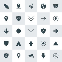Modern Simple Set of location, arrows, security Vector fill Icons. ..Contains such Icons as location,  safety,  arrow,  vehicle,  icon, car and more on white background. Fully Editable. Pixel Perfect.