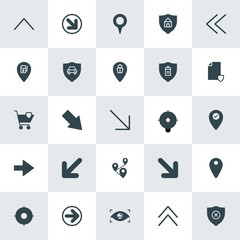 Modern Simple Set of location, arrows, security Vector fill Icons. ..Contains such Icons as  safety,  illustration,  map,  automobile,  pin and more on white background. Fully Editable. Pixel Perfect.