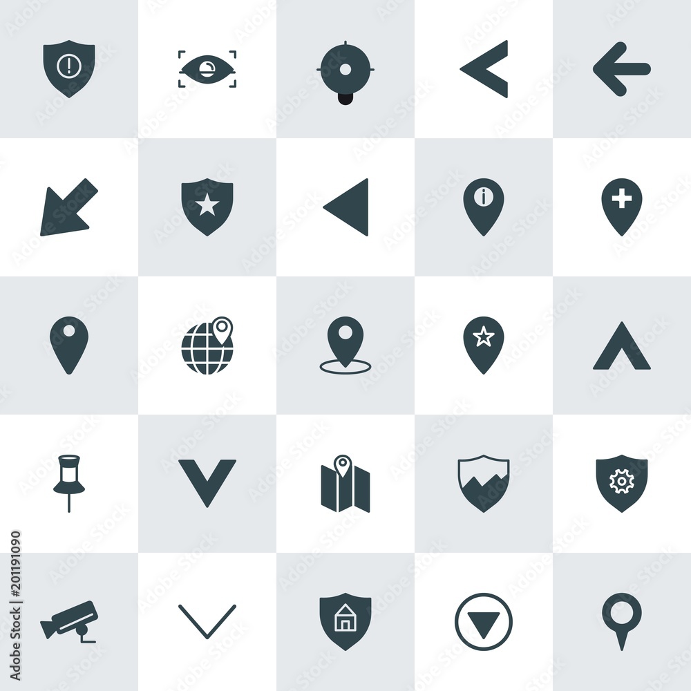 Poster modern simple set of location, arrows, security vector fill icons. ..contains such icons as safety, 