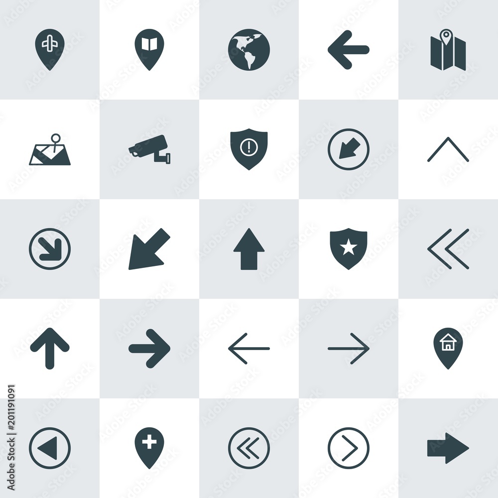 Poster modern simple set of location, arrows, security vector fill icons. ..contains such icons as map, dow