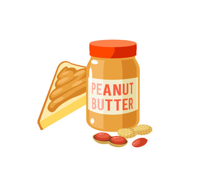 Breakfast, delicious start to the day. Peanut butter jar and toast. Vector illustration cartoon flat icon isolated on white.