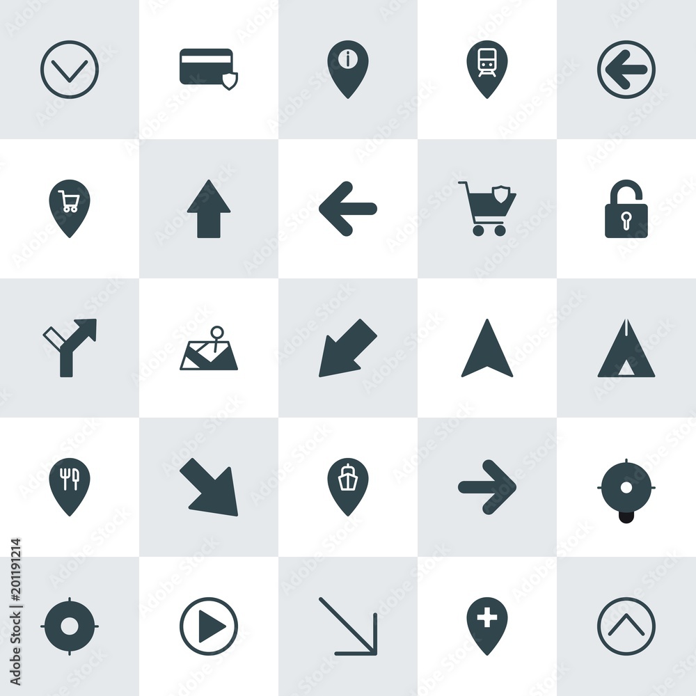 Poster modern simple set of location, arrows, security vector fill icons. ..contains such icons as left, up