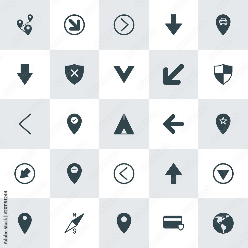 Poster modern simple set of location, arrows, security vector fill icons. ..contains such icons as world, a