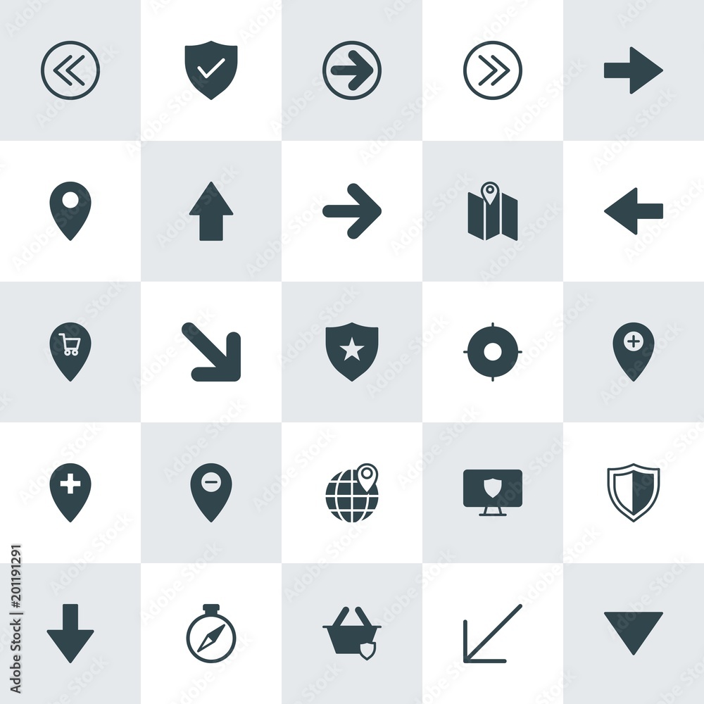Poster modern simple set of location, arrows, security vector fill icons. ..contains such icons as electron