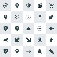 Modern Simple Set of location, arrows, security Vector fill Icons. ..Contains such Icons as  electronic,  globe,  station,  security,  pin and more on white background. Fully Editable. Pixel Perfect.