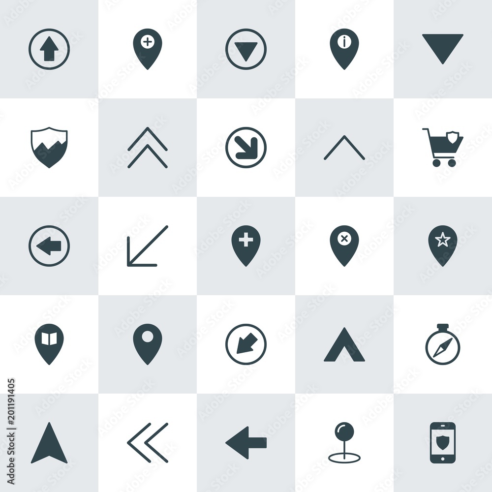 Poster modern simple set of location, arrows, security vector fill icons. ..contains such icons as next, in