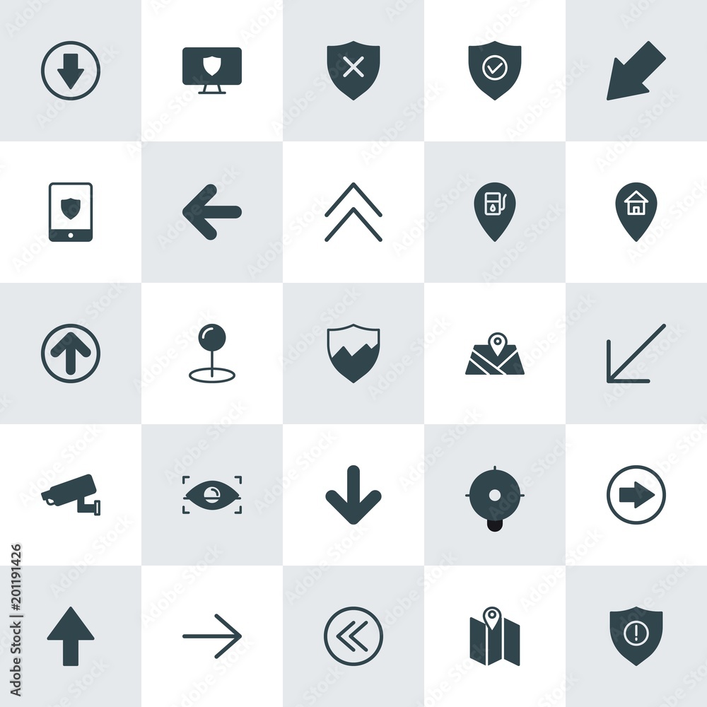 Poster modern simple set of location, arrows, security vector fill icons. ..contains such icons as right, i