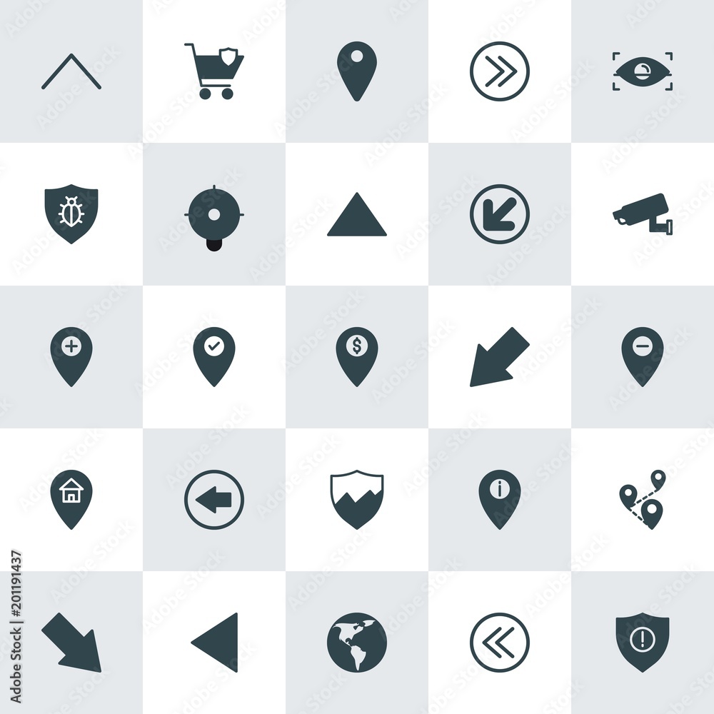 Poster modern simple set of location, arrows, security vector fill icons. ..contains such icons as up, illu