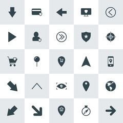 Modern Simple Set of location, arrows, security Vector fill Icons. ..Contains such Icons as  double,  technology,  computer,  travel,  data and more on white background. Fully Editable. Pixel Perfect.