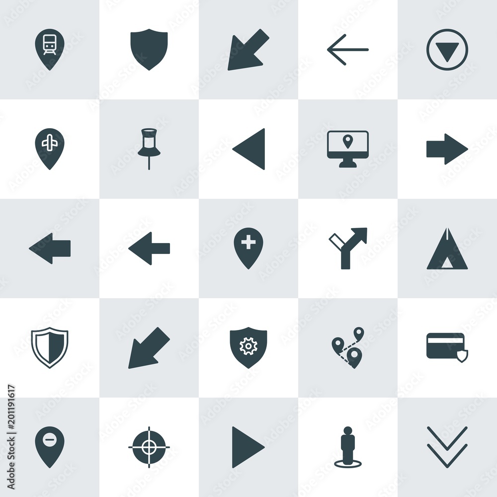 Poster modern simple set of location, arrows, security vector fill icons. ..contains such icons as pointer,