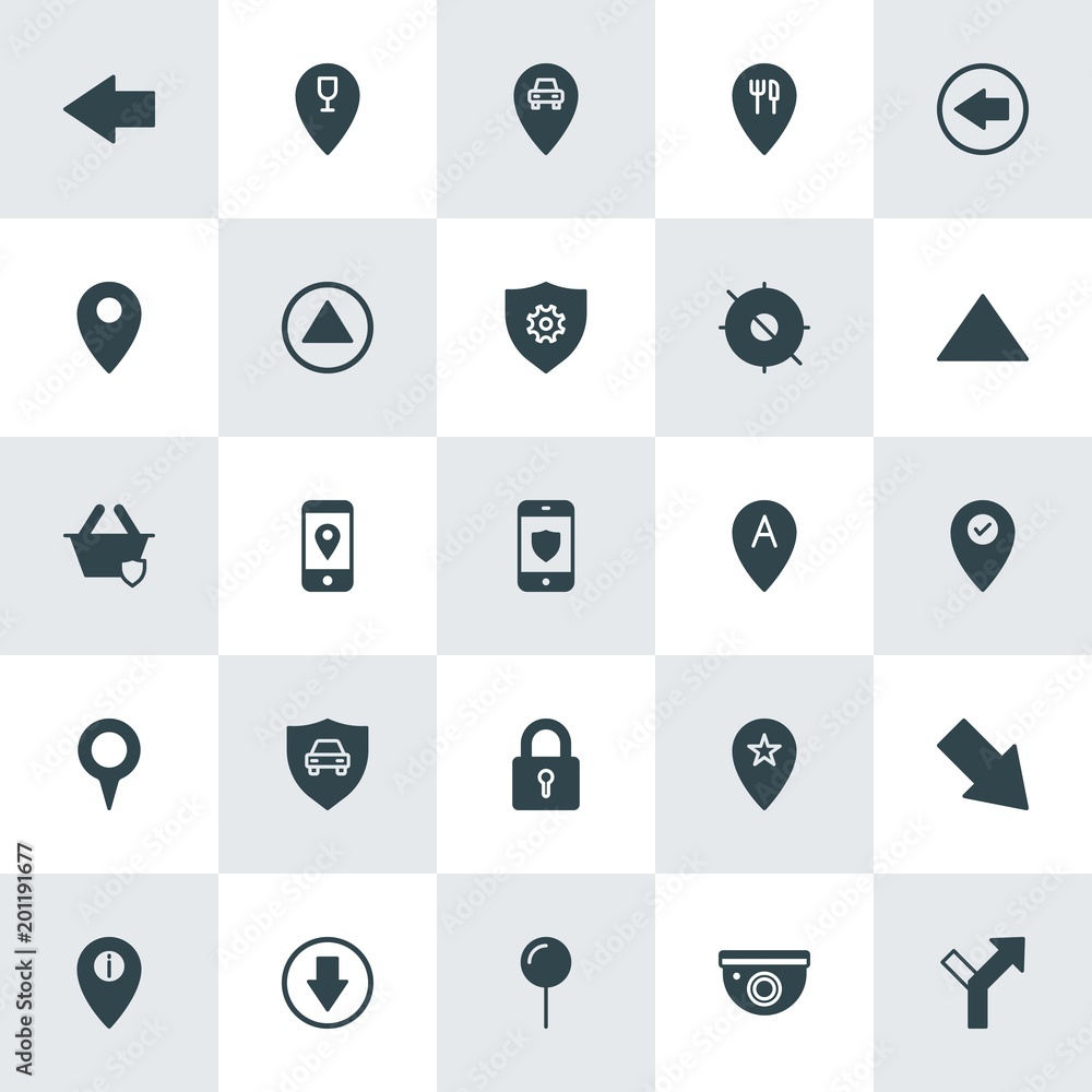 Poster modern simple set of location, arrows, security vector fill icons. ..contains such icons as technolo