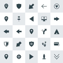 Modern Simple Set of location, arrows, security Vector fill Icons. ..Contains such Icons as  pointer,  transportation,  vector,  goal,  map and more on white background. Fully Editable. Pixel Perfect.