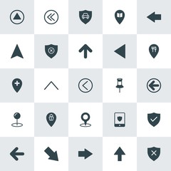 Modern Simple Set of location, arrows, security Vector fill Icons. ..Contains such Icons as  direction,  computer,  security,  arrow,  up and more on white background. Fully Editable. Pixel Perfect.