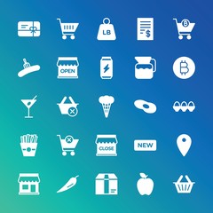 Modern Simple Set of food, drinks, shopping Vector fill Icons. ..Contains such Icons as  label,  location,  sale,  background,  empty and more on gradient background. Fully Editable. Pixel Perfect.