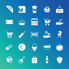 Modern Simple Set of food, drinks, shopping Vector fill Icons. ..Contains such Icons as  water,  pepper, coffee,  red,  cappuccino, meat and more on gradient background. Fully Editable. Pixel Perfect.