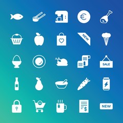 Modern Simple Set of food, drinks, shopping Vector fill Icons. ..Contains such Icons as  fishing, cart,  mug,  orange,  empty,  finance and more on gradient background. Fully Editable. Pixel Perfect.