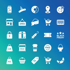 Modern Simple Set of food, drinks, shopping Vector fill Icons. ..Contains such Icons as  delicious,  icon,  easter,  soda,  place, map and more on gradient background. Fully Editable. Pixel Perfect.