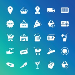 Modern Simple Set of food, drinks, shopping Vector fill Icons. ..Contains such Icons as  cargo,  background,  red,  martini,  cake, map and more on gradient background. Fully Editable. Pixel Perfect.