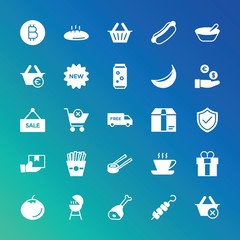 Modern Simple Set of food, drinks, shopping Vector fill Icons. ..Contains such Icons as close,  christmas,  espresso,  dinner,  trade and more on gradient background. Fully Editable. Pixel Perfect.