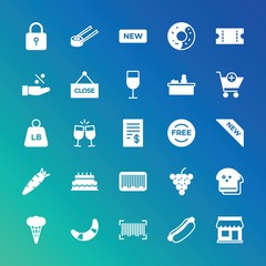 Modern Simple Set of food, drinks, shopping Vector fill Icons. ..Contains such Icons as  safety, lock,  grape,  fresh,  badge,  party and more on gradient background. Fully Editable. Pixel Perfect.