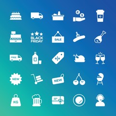 Modern Simple Set of food, drinks, shopping Vector fill Icons. ..Contains such Icons as  food,  steel,  bbq,  retail,  cup,  dinner and more on gradient background. Fully Editable. Pixel Perfect.