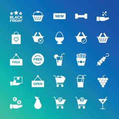 Modern Simple Set of food, drinks, shopping Vector fill Icons. ..Contains such Icons as new,  skeleton, button,  cart, euro,  one,  cold and more on gradient background. Fully Editable. Pixel Perfect.