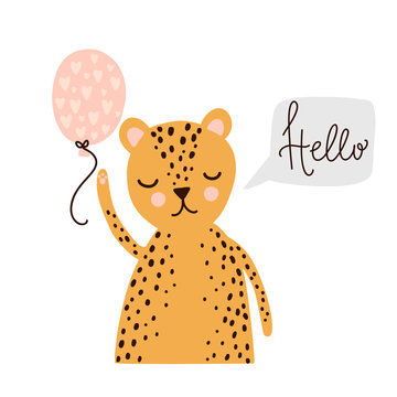 Cute wild cat, hello lettering. Vector greeting card