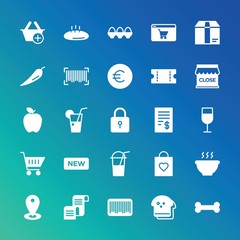 Modern Simple Set of food, drinks, shopping Vector fill Icons. ..Contains such Icons as bone,  loaf,  bakery,  food, bag,  icon,  love and more on gradient background. Fully Editable. Pixel Perfect.