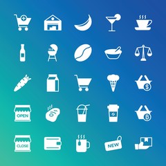 Modern Simple Set of food, drinks, shopping Vector fill Icons. ..Contains such Icons as banana,  mug,  closed,  hot, buy, cup,  cocktail and more on gradient background. Fully Editable. Pixel Perfect.