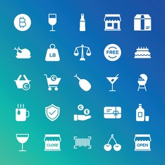 Modern Simple Set of food, drinks, shopping Vector fill Icons. ..Contains such Icons as  store, discount,  delivery, shop,  cargo,  line and more on gradient background. Fully Editable. Pixel Perfect.
