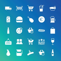 Modern Simple Set of food, drinks, shopping Vector fill Icons. ..Contains such Icons as  food,  symbol,  ripe,  icon, basket,  tomato and more on gradient background. Fully Editable. Pixel Perfect.
