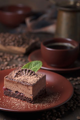 Chocolate cake with mint .