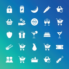 Modern Simple Set of food, drinks, shopping Vector fill Icons. ..Contains such Icons as  beverage, close,  security,  box,  shopping and more on gradient background. Fully Editable. Pixel Perfect.