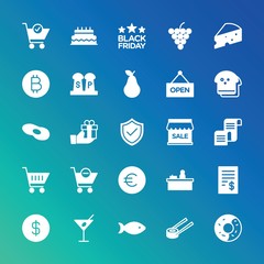 Modern Simple Set of food, drinks, shopping Vector fill Icons. ..Contains such Icons as  donut,  store, friday, alcohol,  celebration and more on gradient background. Fully Editable. Pixel Perfect.