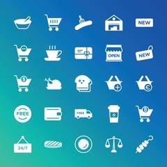 Modern Simple Set of food, drinks, shopping Vector fill Icons. ..Contains such Icons as  cup,  healthy,  bitcoin, breakfast,  drink,  24 and more on gradient background. Fully Editable. Pixel Perfect.