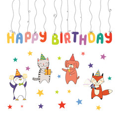Hand drawn Happy Birthday greeting card, banner template with cute funny cartoon animals celebrating, typography. Isolated objects on white background. Vector illustration. Design concept for party.