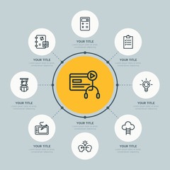 Circle network chart business, money, education infographic template with 8 options for presentations, advertising, annual reports.