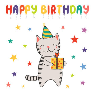 Hand drawn Happy Birthday greeting card with cute funny cartoon cat with a present, text. Isolated objects on white background. Vector illustration. Design concept for party, celebration.