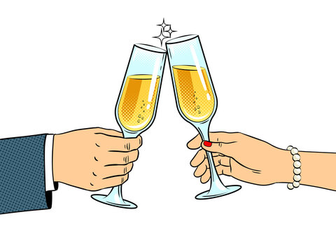 Clinking glasses with champagne pop art vector