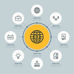 Circle network chart business, money, education infographic template with 8 options for presentations, advertising, annual reports.